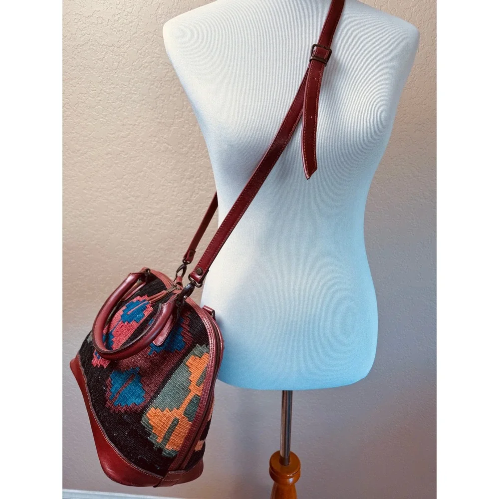 Kilim Rug Leather Satchel Crossbody Bag Boho Southwestern Tribal Purse